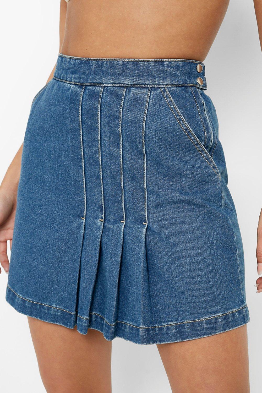 Pleated flippy hem denim skirt store